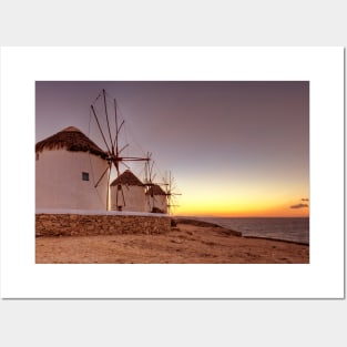 Sunset at the famous windmills of Mykonos, Greece Posters and Art